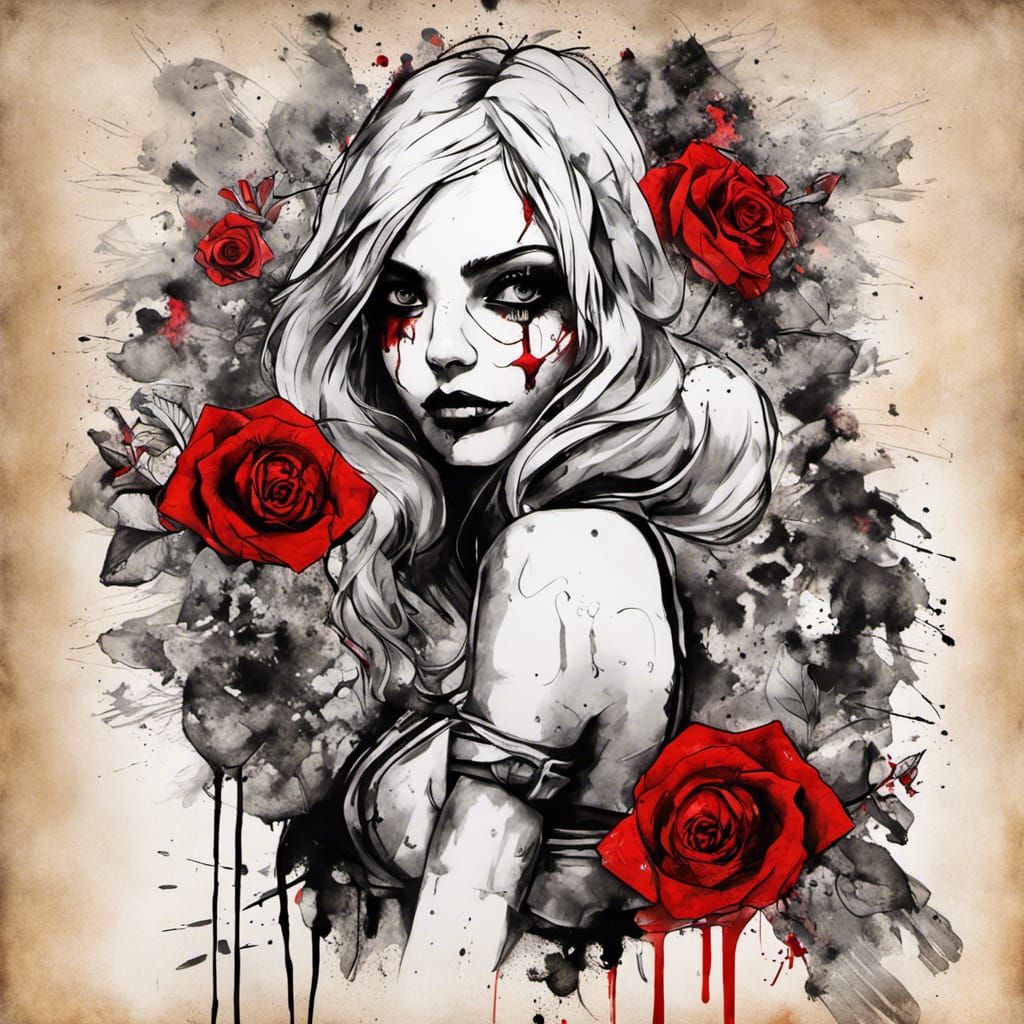 Trash Polka Rose Line Drawing on Parchment