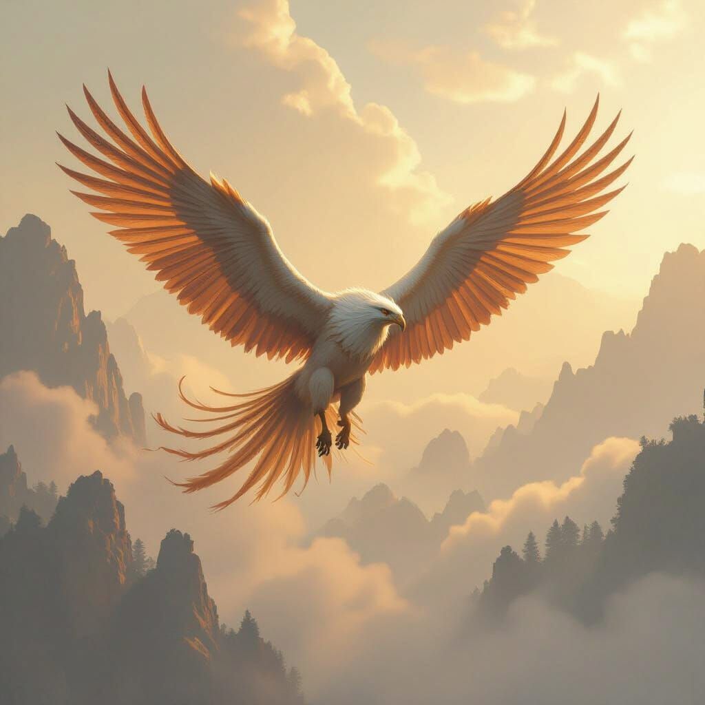 Griffin Soaring Through Misty Golden Sky: Digital Painting