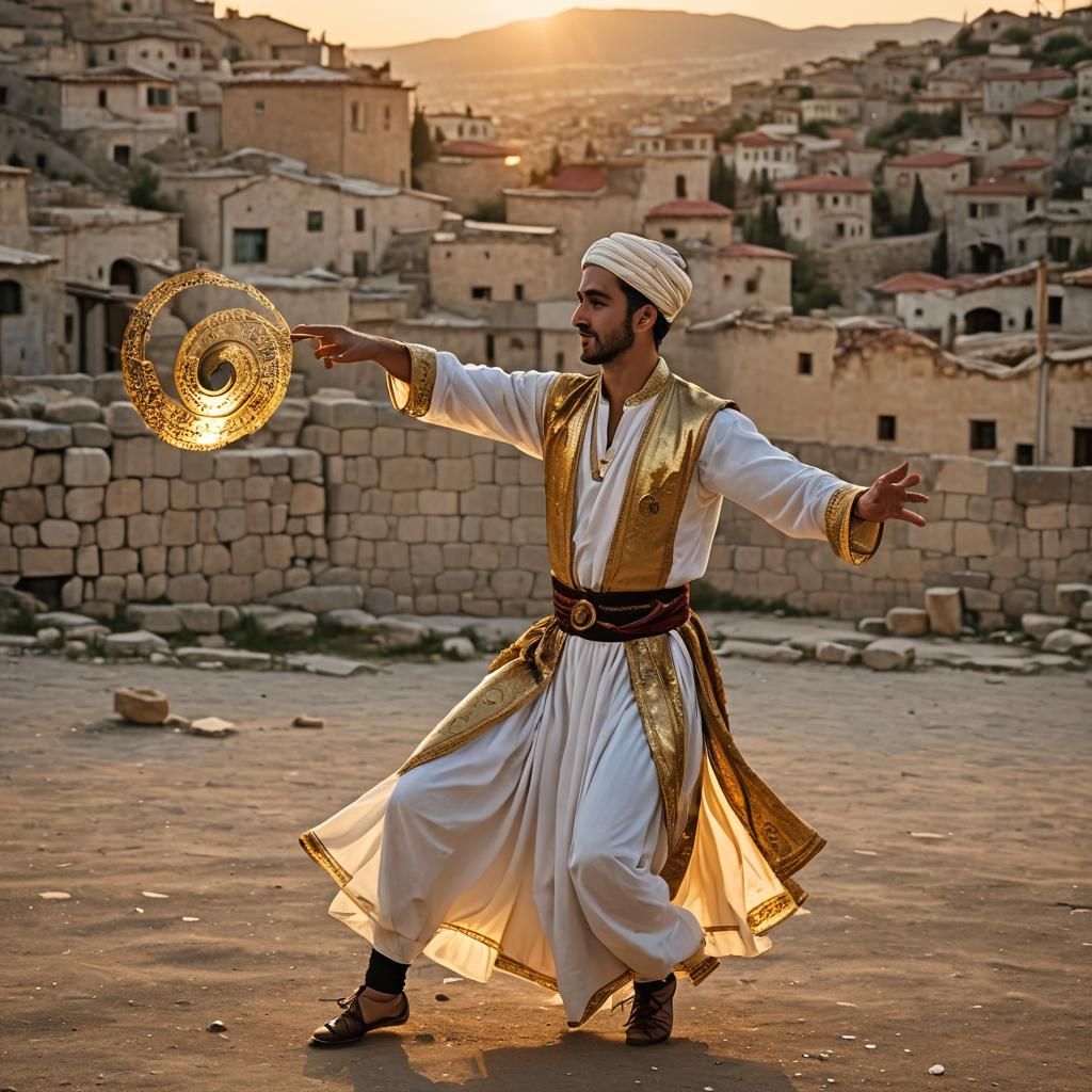 Turkish Dancer Twirling in Golden Sunset Light