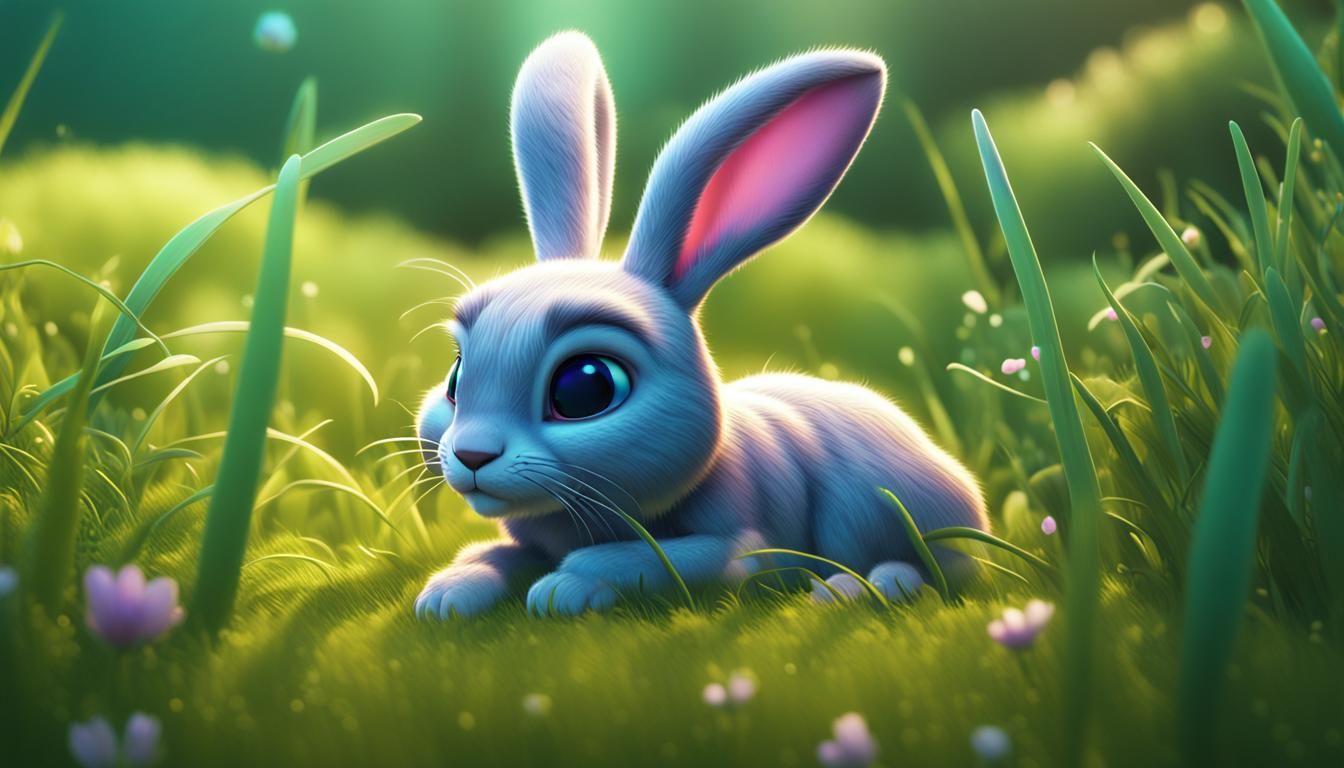 Adorable Baby Hare in Grassy Meadow: 3D Digital Art