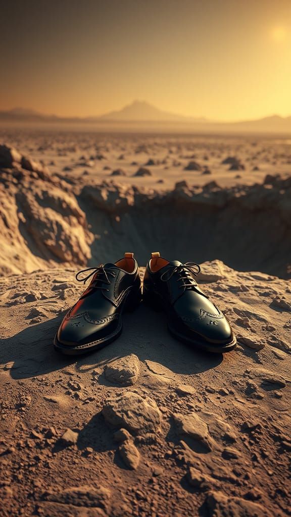 Patent Leather Shoes in Lunar Crater with Golden Light