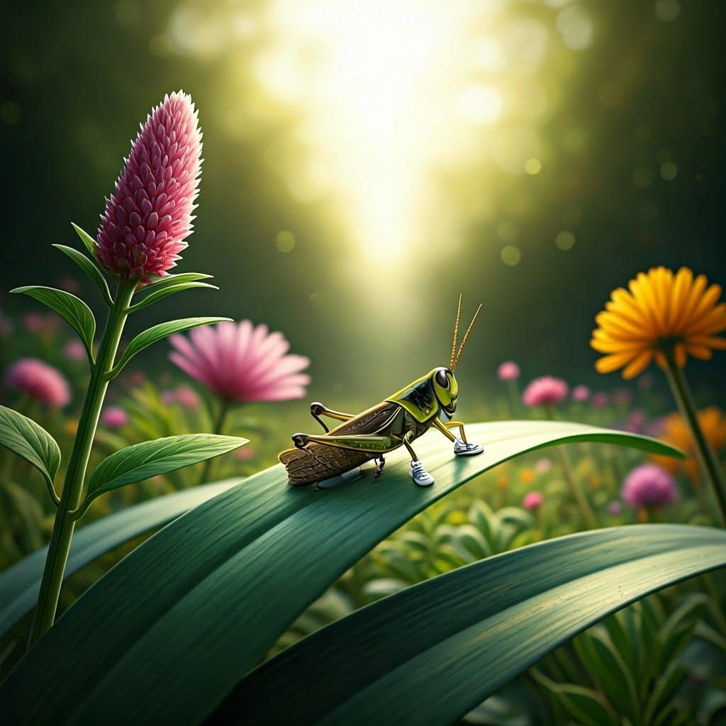 Grasshopper in Sneakers in Whimsical Garden Scene