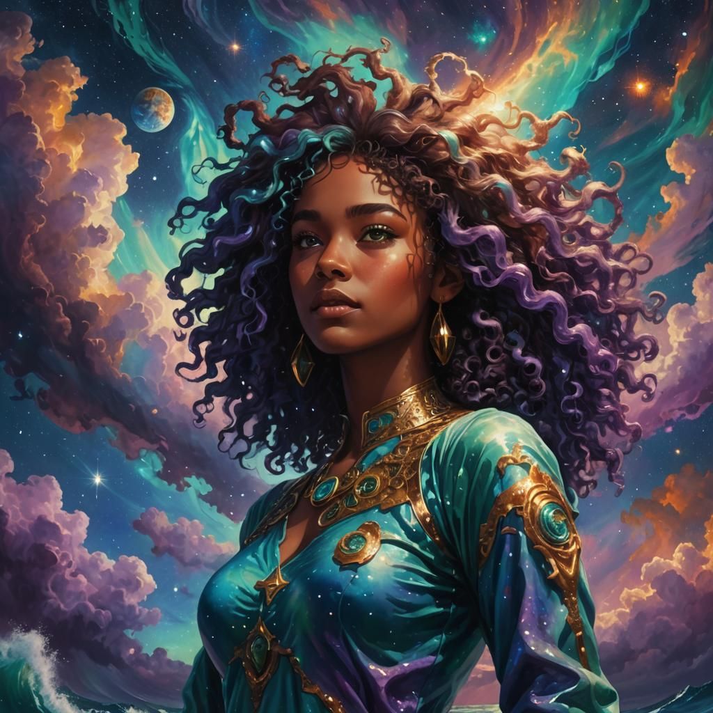 Cosmic Surrealism: Woman at Starry Ocean's Edge