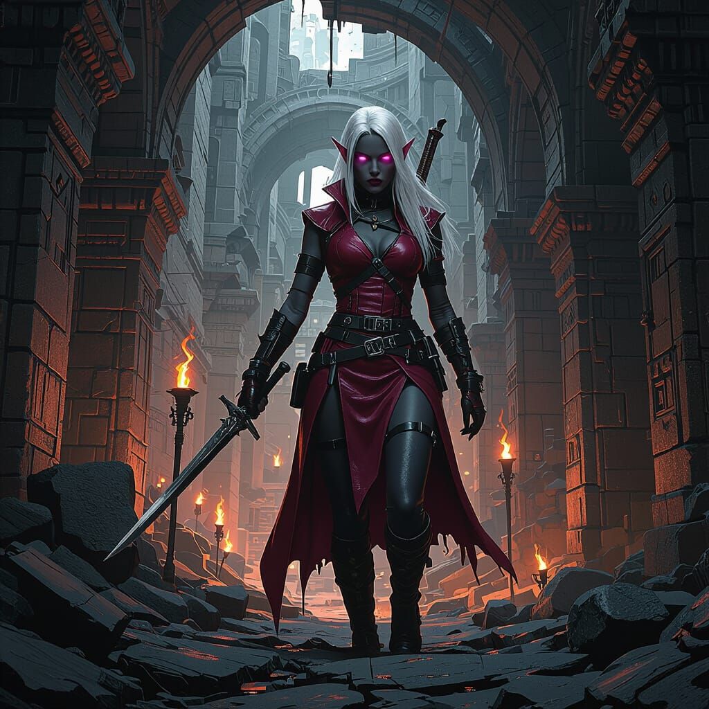 Drow Elf Lost in Cyberpunk Underground City