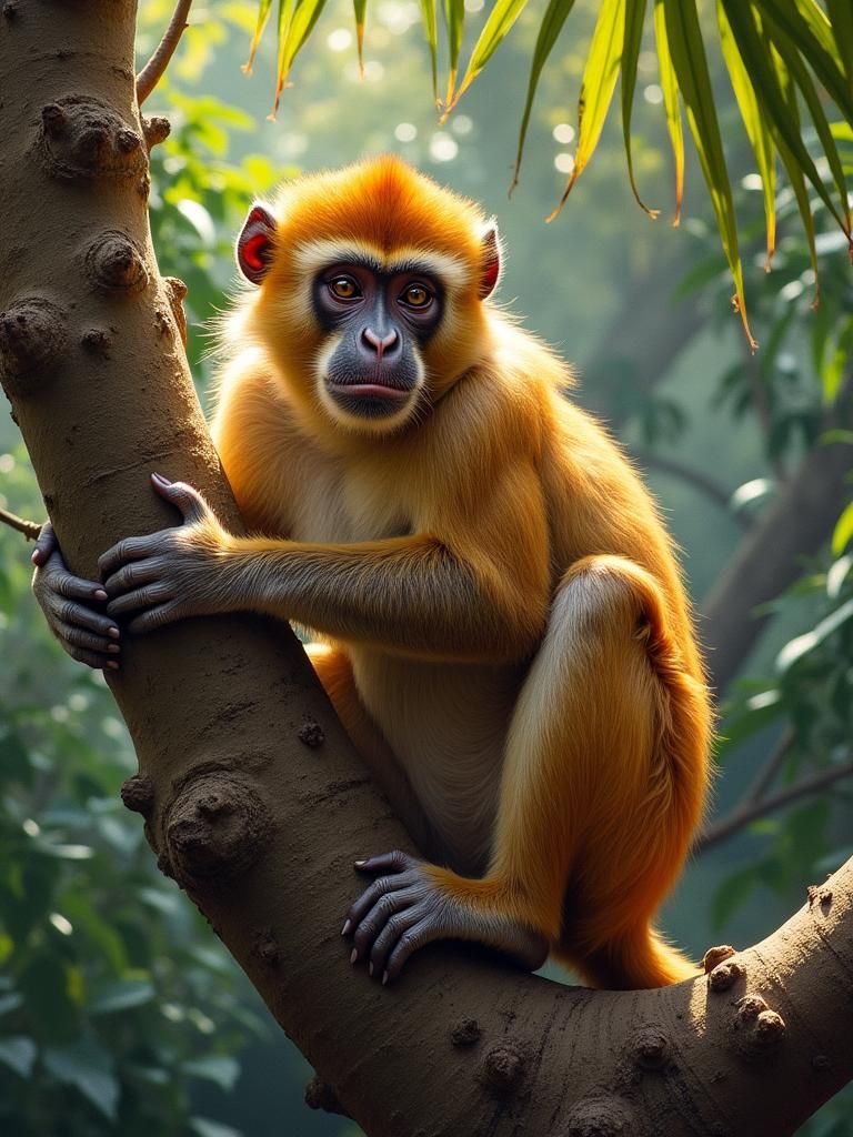 Monkey Sunbathing on Palm Tree in Oil Painting Style