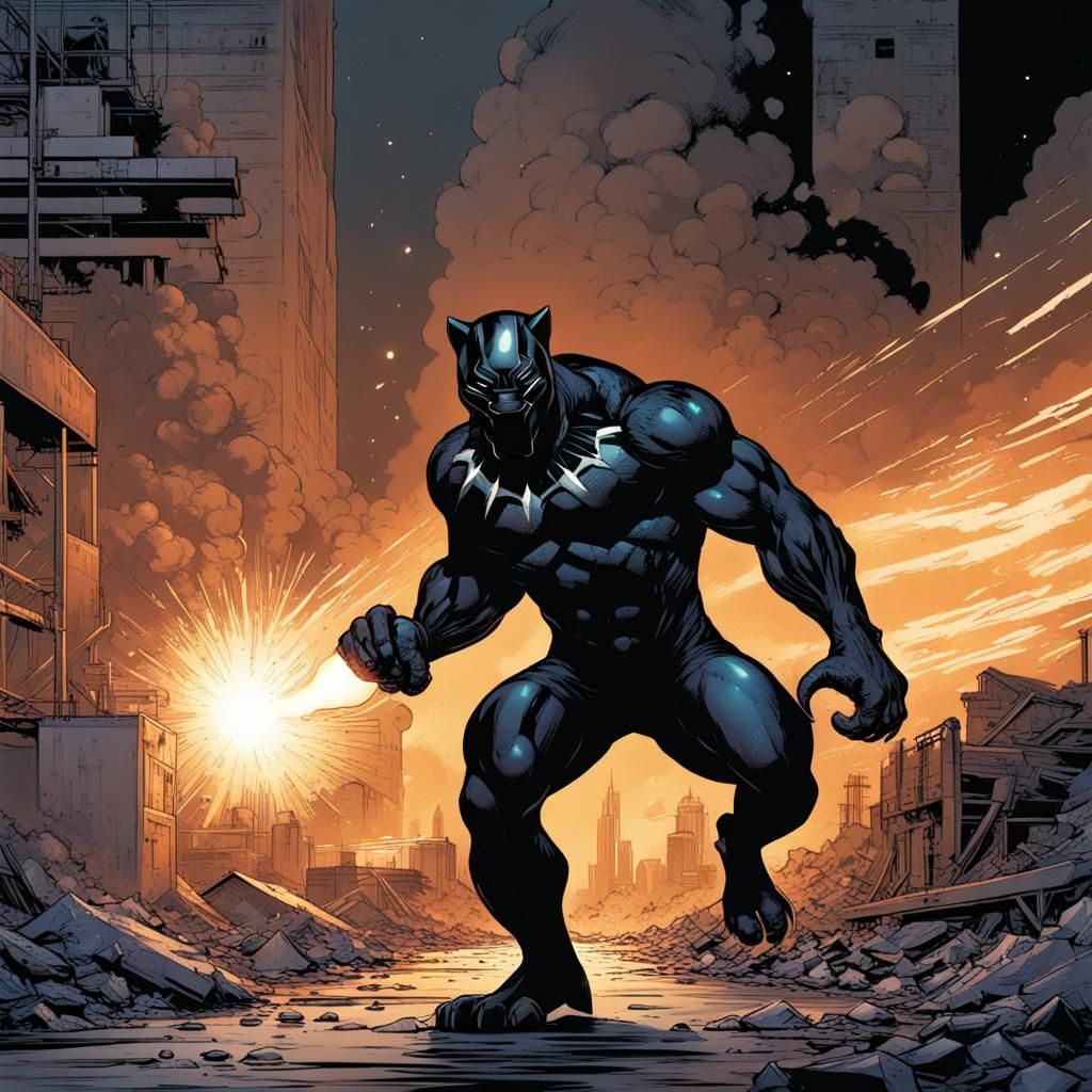 Black Panther Leaving Explosion, Comic Book Style