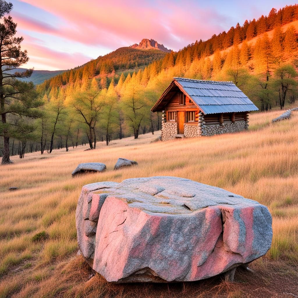 Mountain Cabin at Sunset: Hyper-Realistic Illustration