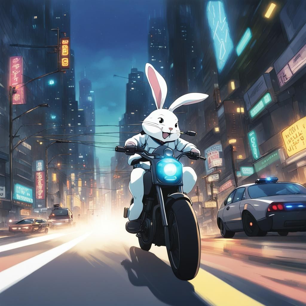 Anime Bunny Motorcycle Chase in Neon City