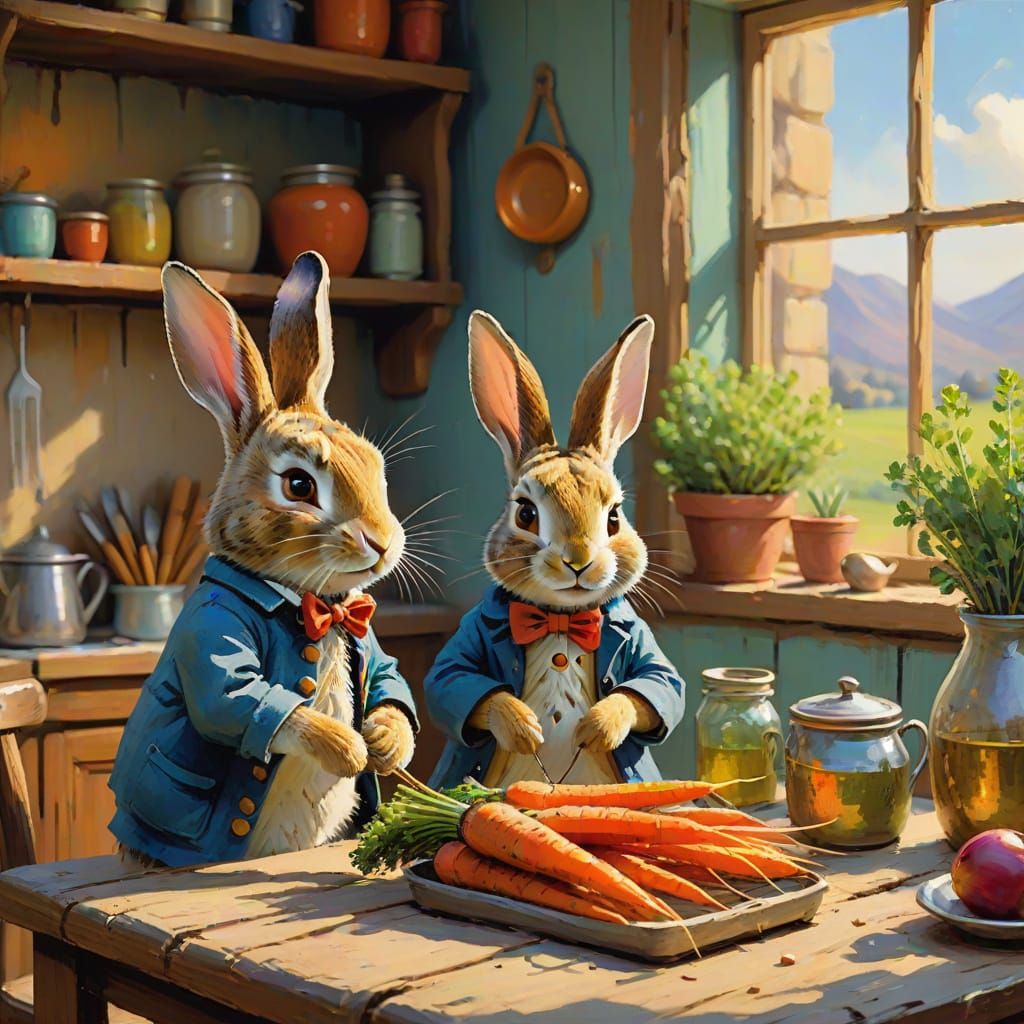 Peter Rabbit and Benjamin Bunny in Cozy Neo-Impressionist Ho...