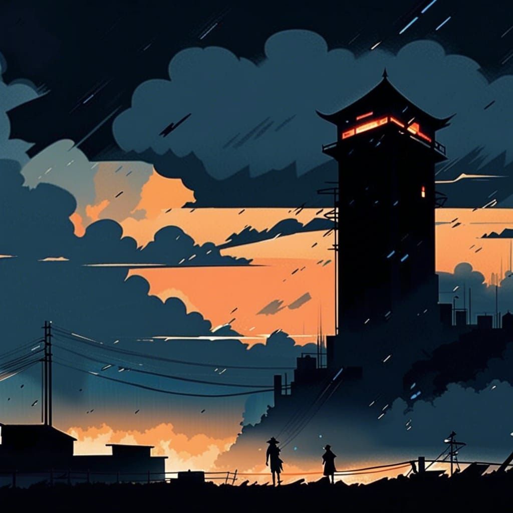 Minimalist Cityscape with Lightning in Vector Art Style