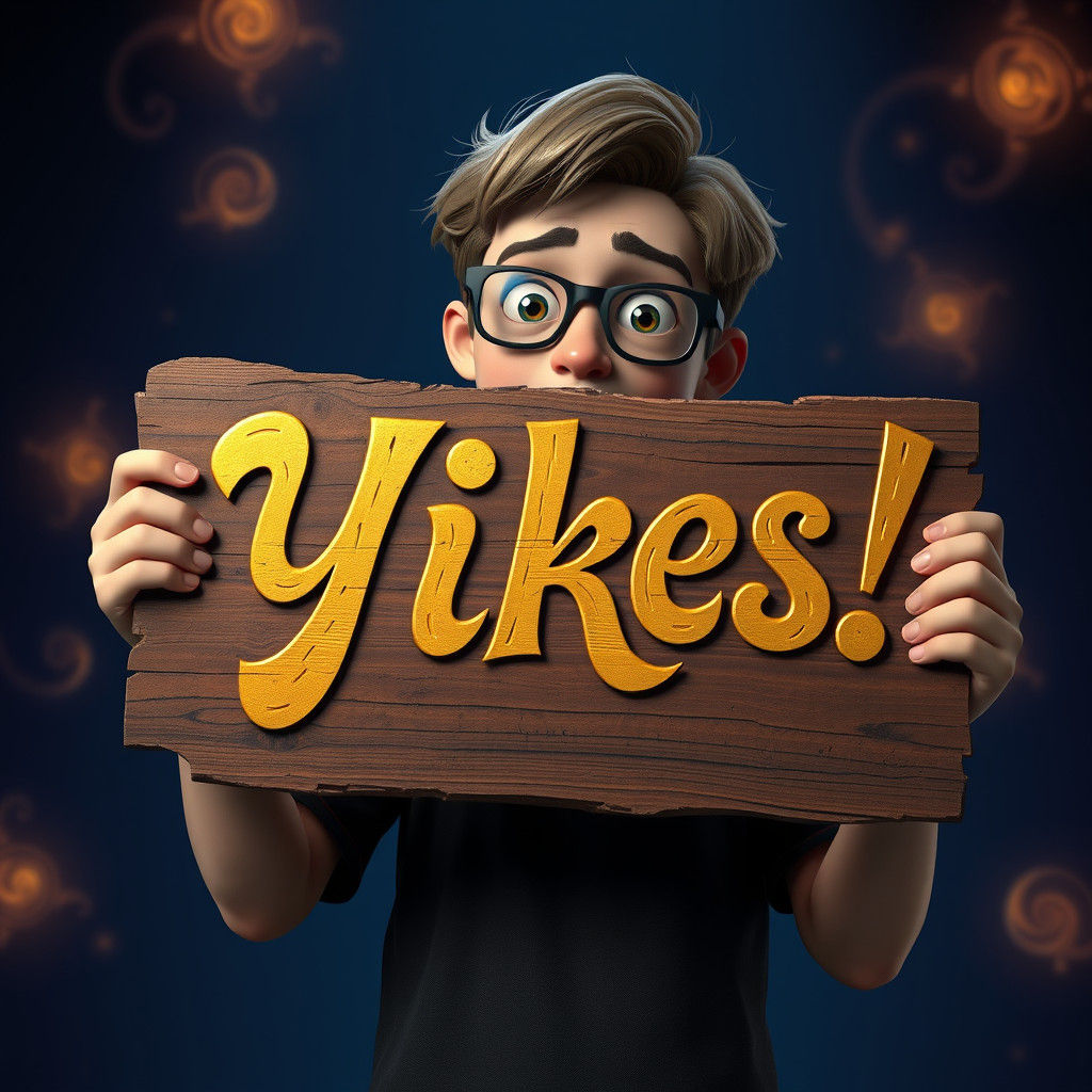 Bemused Man Holds "Yikes!" Sign in Dreamscape