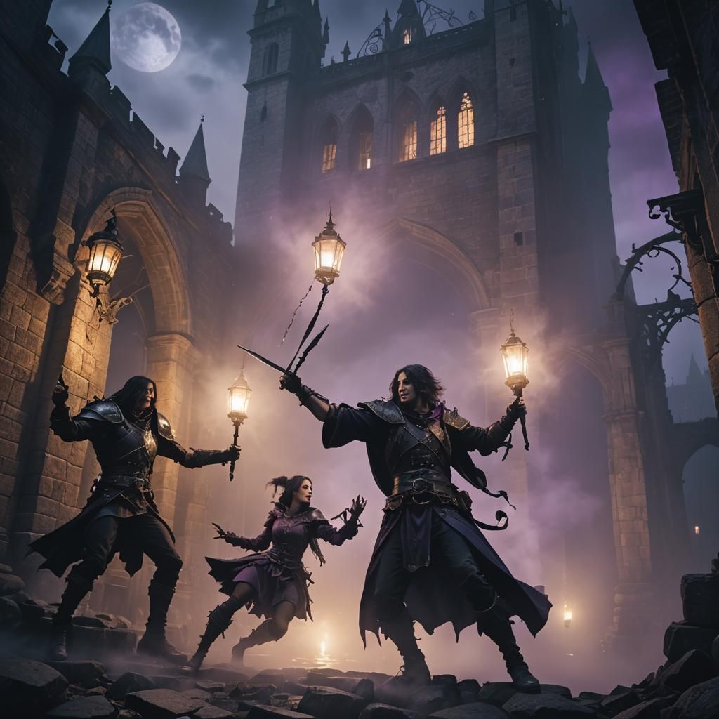 Gothic Dark Fantasy Battle Under Moonlight