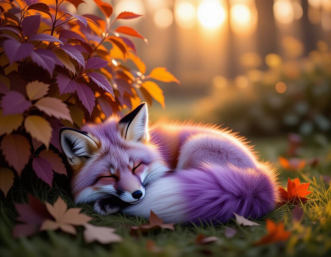 Cute Purple Fox Sleeping in Autumn Garden