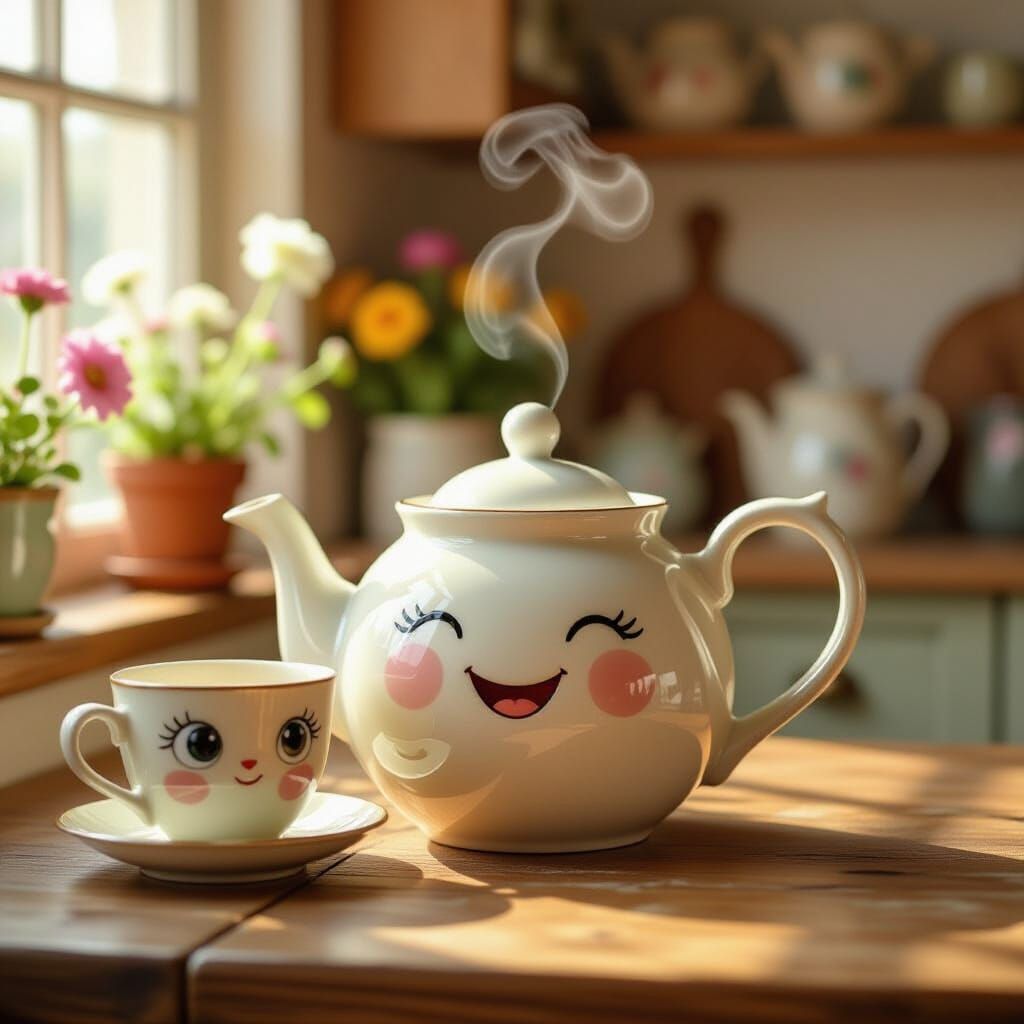 Charming Teapot and Teacup in Cozy Kitchen