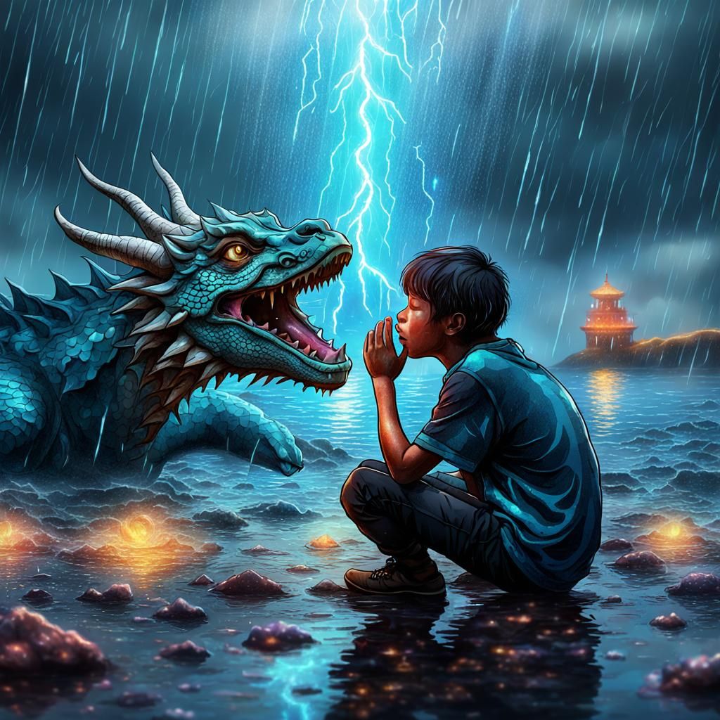 Boy Cries Over Dragon in Astral Cosmic Illustration