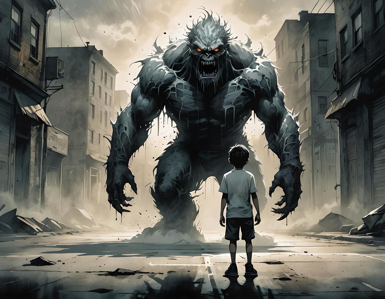 Boy Confronts Monster: Dramatic Ink Illustration