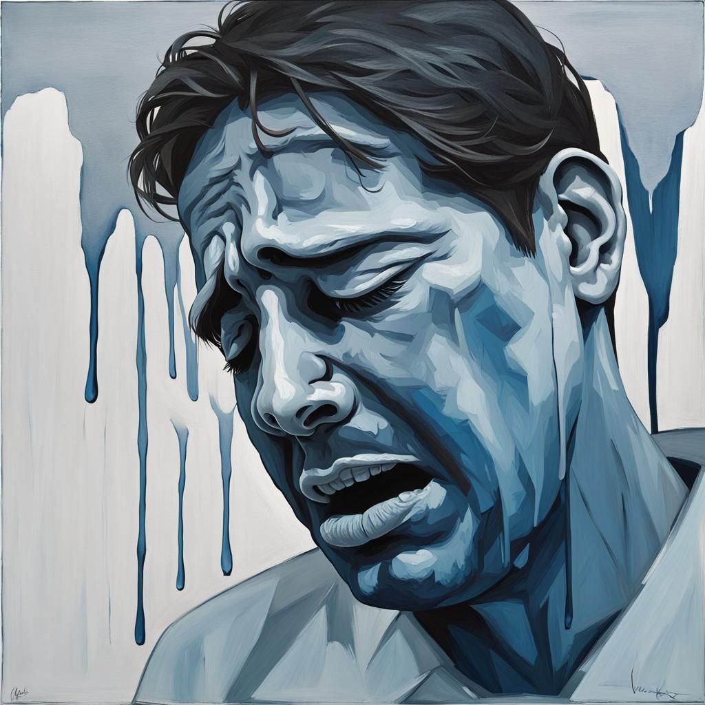 Monochrome Oil Painting of a Crying Man