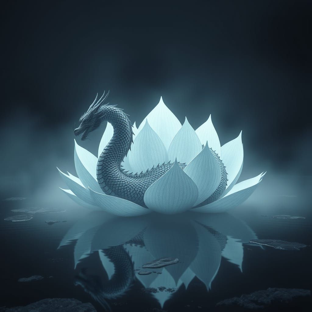 <lora:Ethereal Magic Flux:1.0> A white lotus flower. The pedals of the flower are actually the scales on the back of a d...