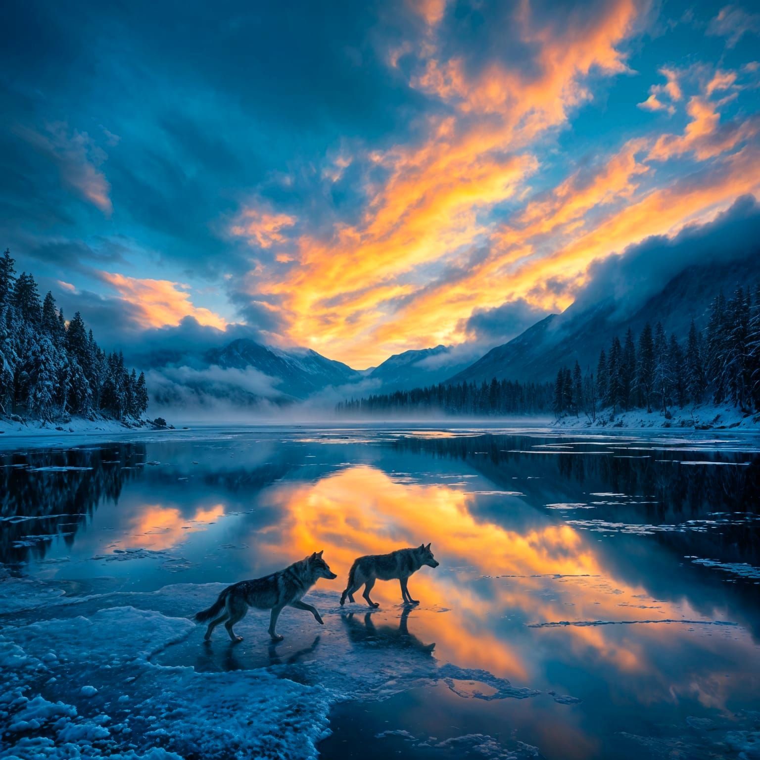 Winter Wolves on Frozen Lake in Ethereal Dawn Light