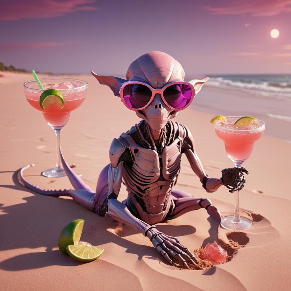 Alien Sipping Margarita at Sunset: 3D Anime Art