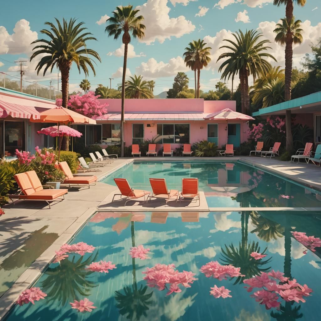 Motel Pool in Expressionist Style with Clouds