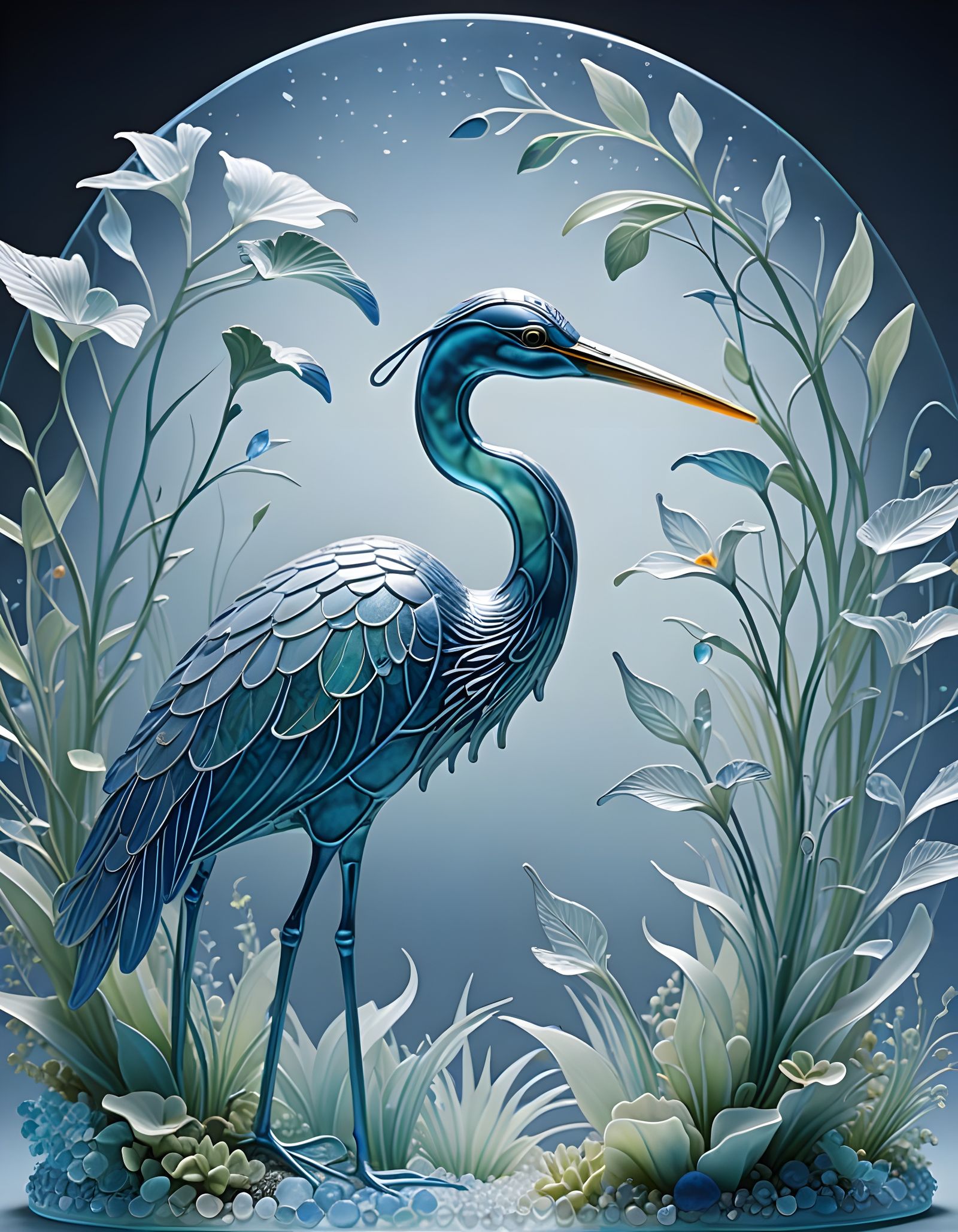 Sea Glass Heron Sculpture with Ethereal Lighting