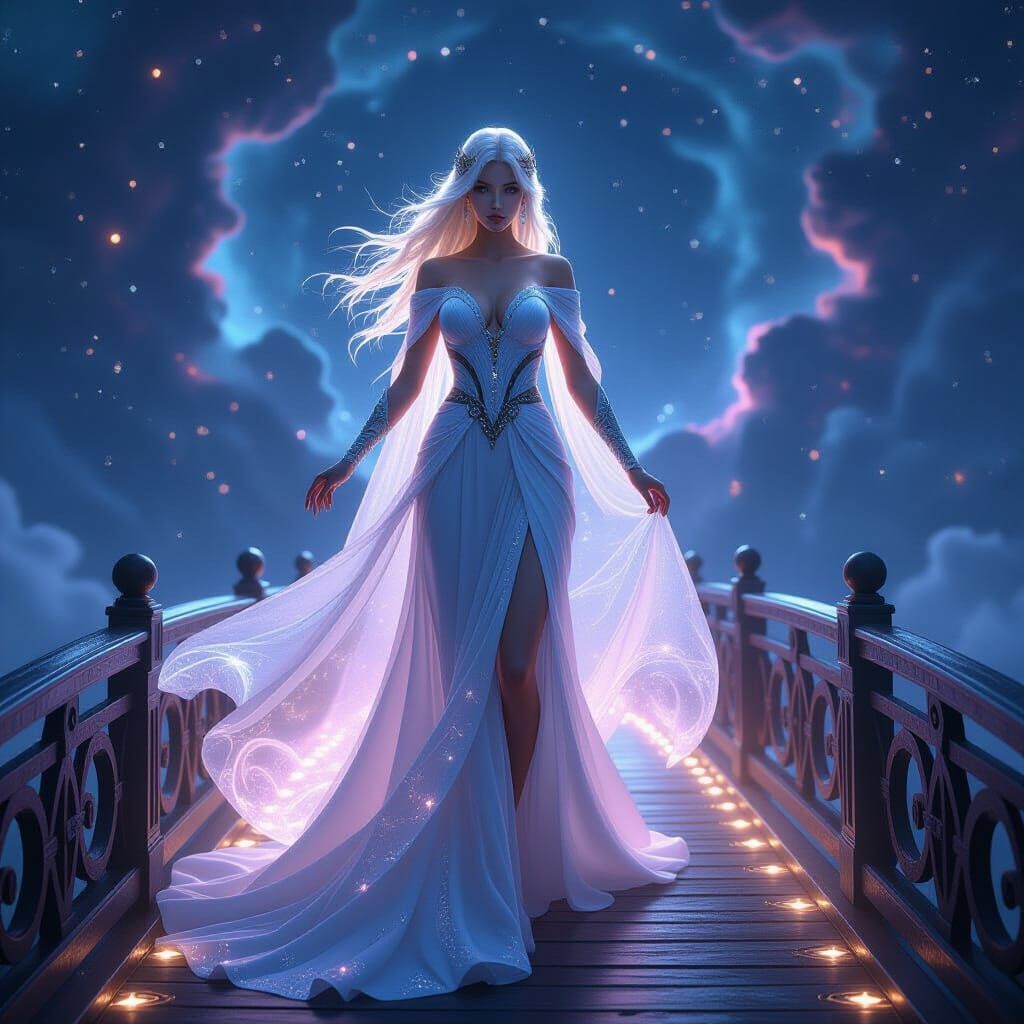 Norse Goddess on Celestial Bridge in Anime Style