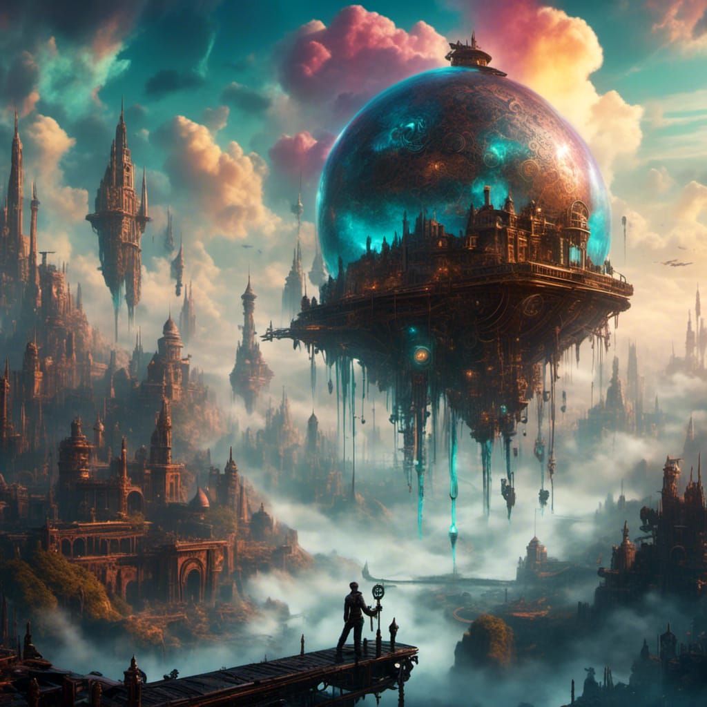 Mystical Levitating Land in Steampunk Cyber Neon Style