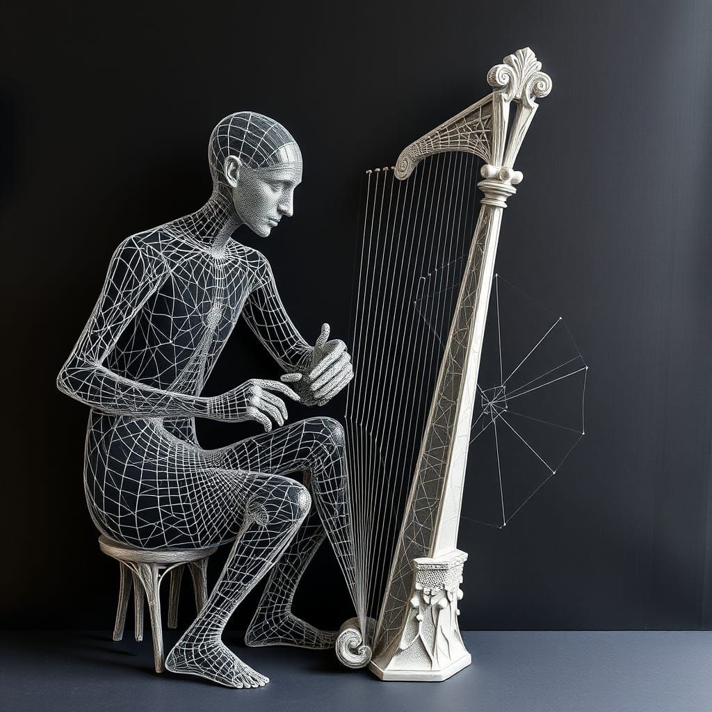 Spiderweb Harpist in Abstract Cubist Style
