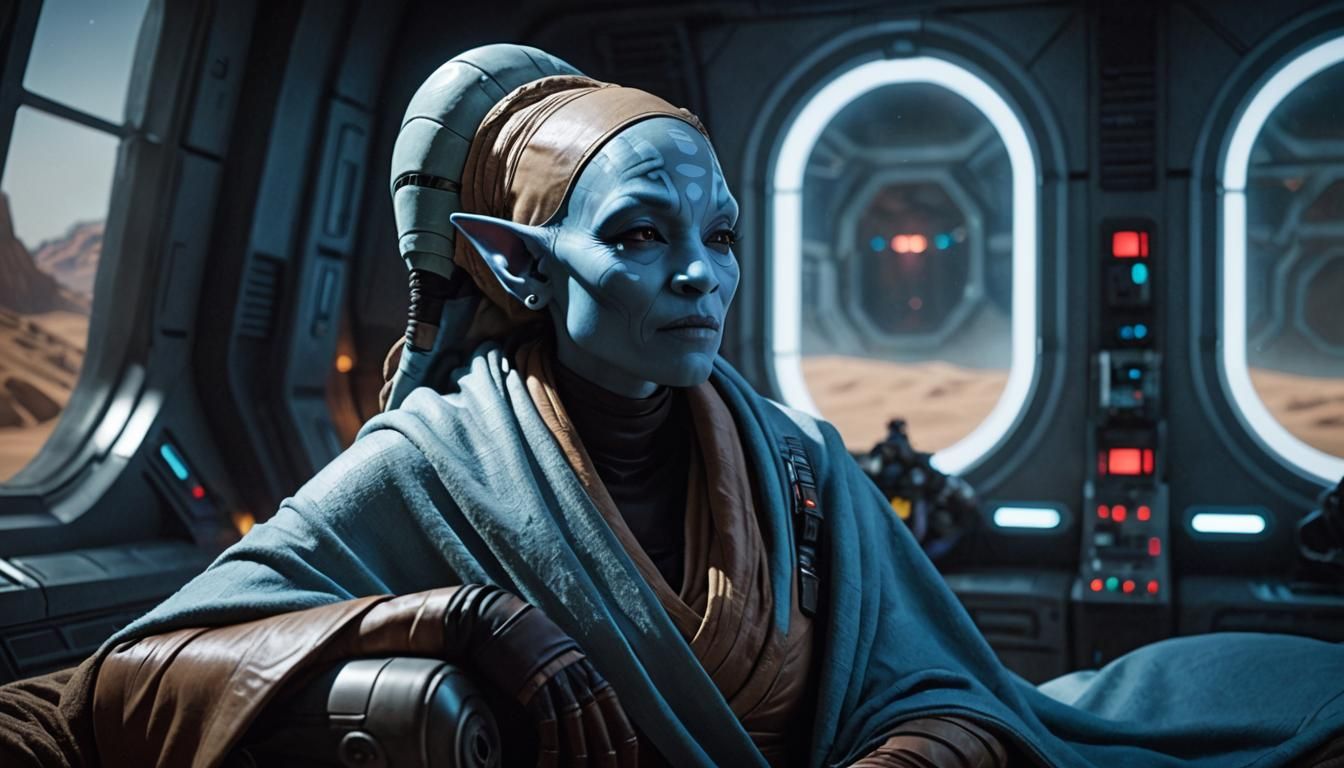 Twi'lek Woman Gazing at Space: Cinematic Film Still