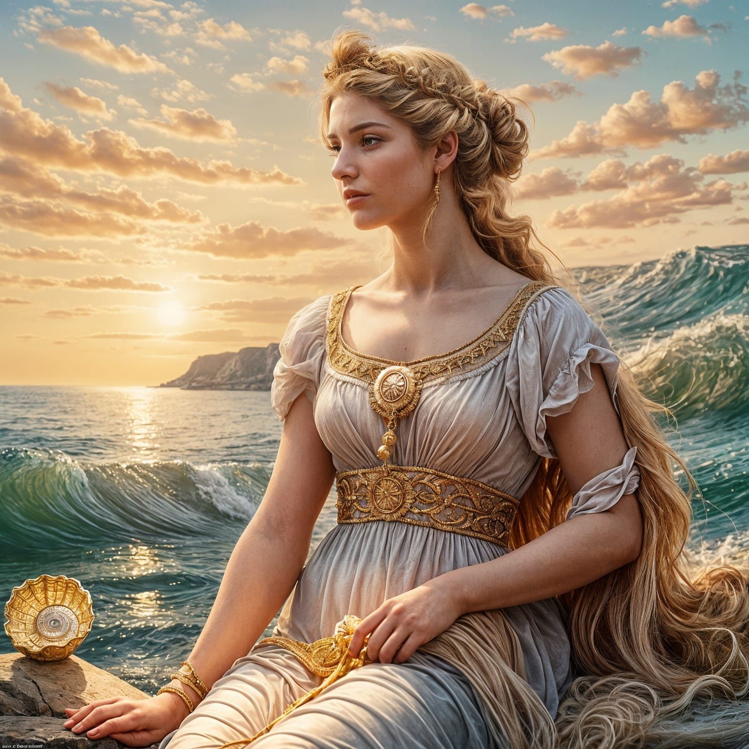 Красивая девушка греческая богиня Венера держит в руках ракушку с жемчужиной на фоне морского пейзажа  красивого. Всё не...