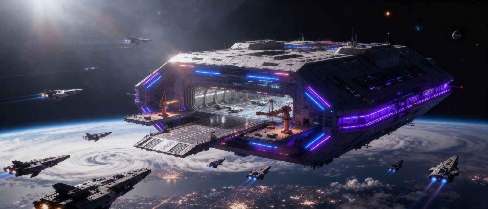 Colossal Futuristic Spaceport Above Earth in Dystopian Sci-F...