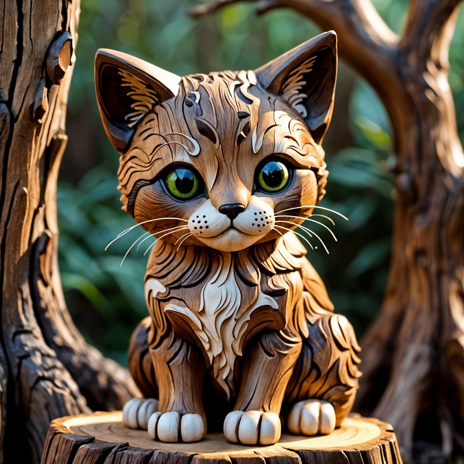 Beautiful Carved Wooden Kitten Sculpture