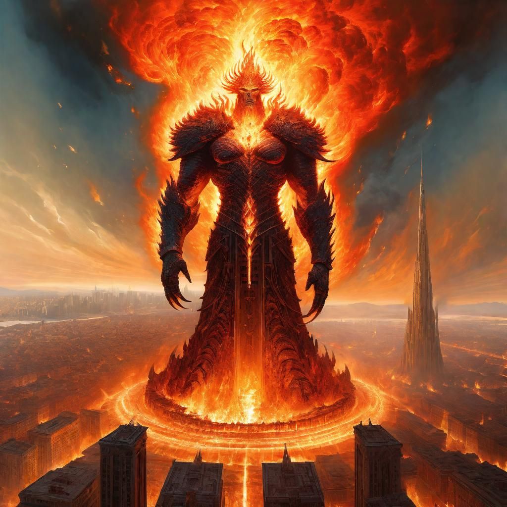 Fiery Colossus Approaches City in Electric Colors