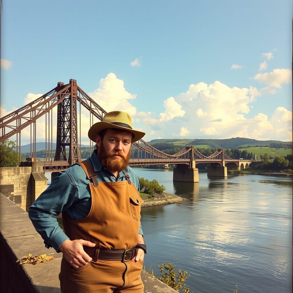 An English beefcake farmer on the Iron Bridge over the River...