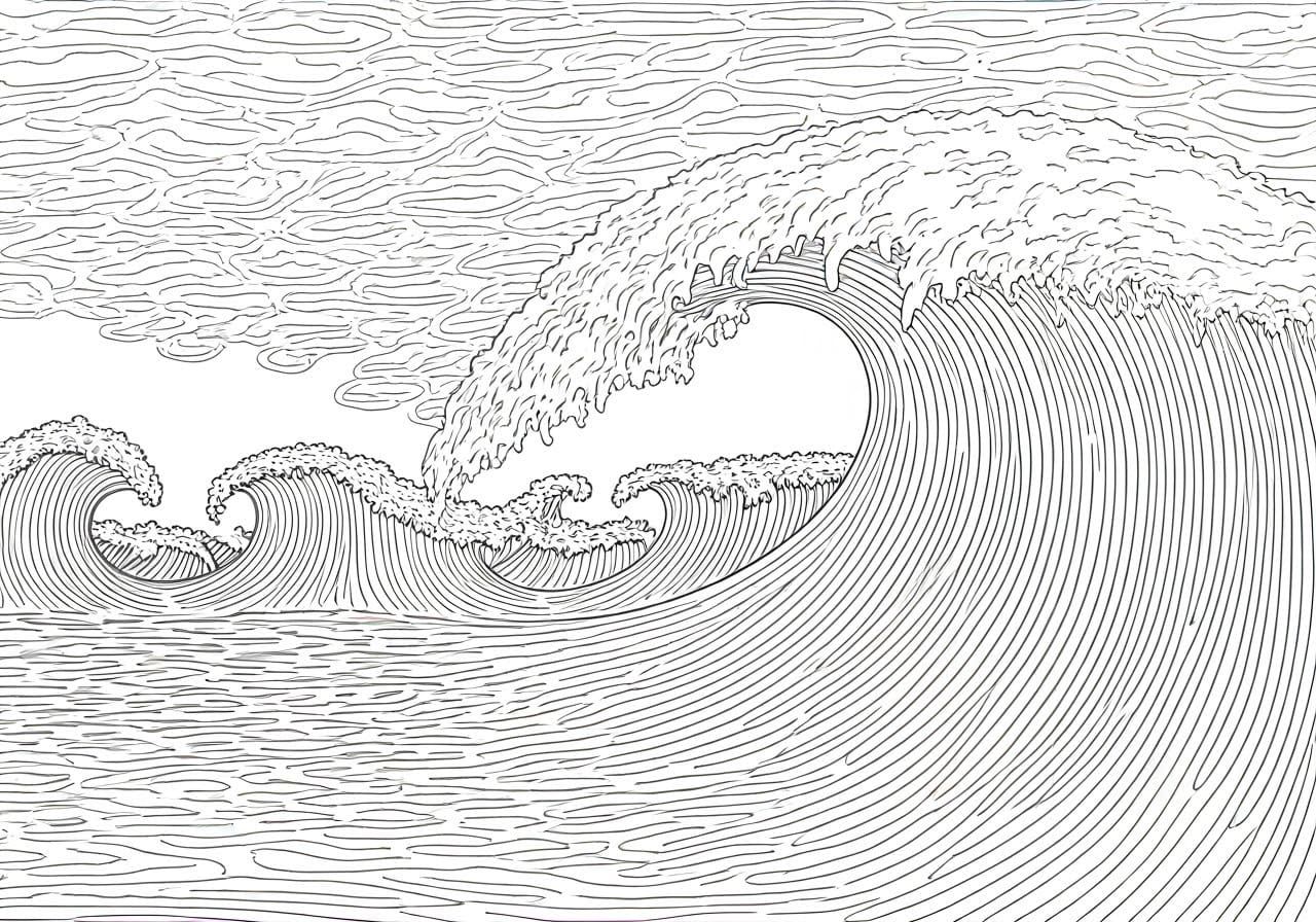 Tsunami Line Art Coloring Book Page