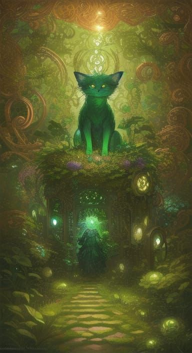 Surreal Copper Cat Amidst Cabbage Garden Path