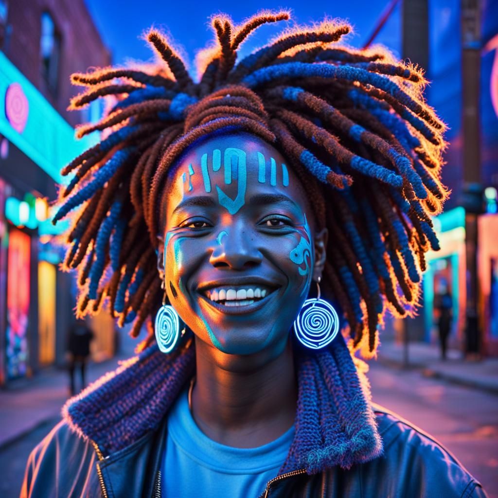Afrofuturistic Woman with Neon Accents in Street Pop Art