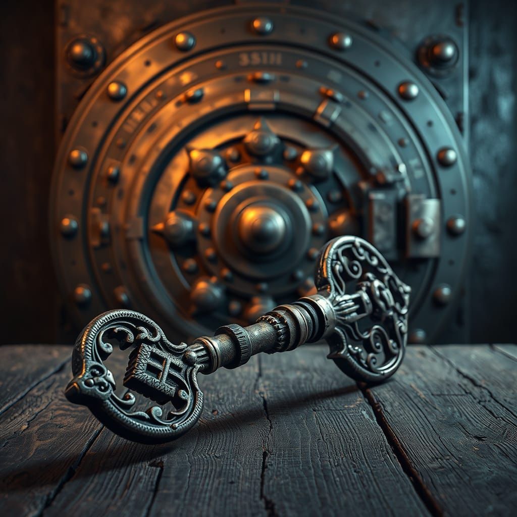 Ornate Antique Bank Vault Key on Wooden Table