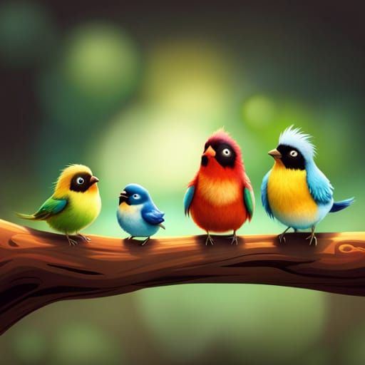 Cute Birds on Branch in Storybook Style