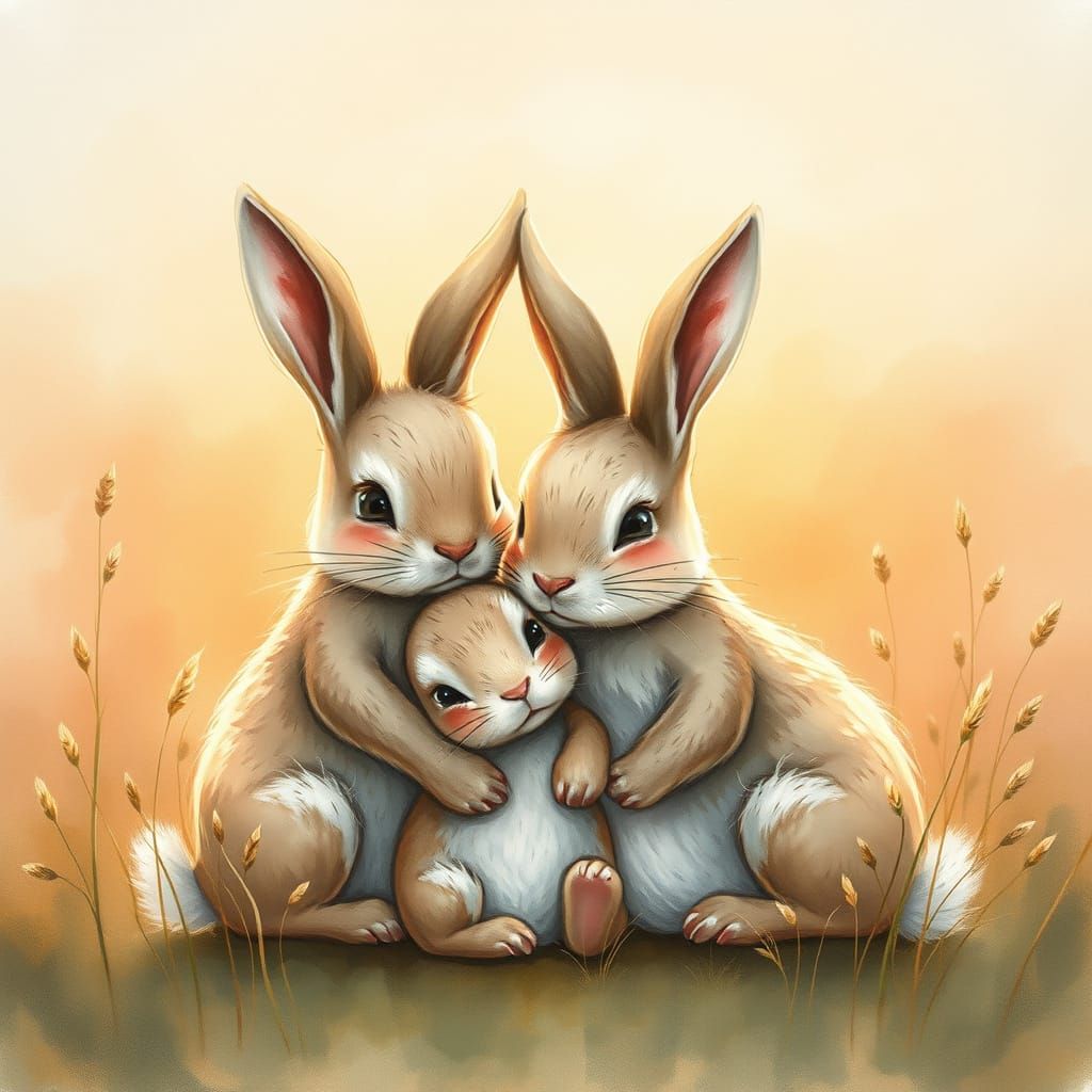 Cute Rabbit Family in Whimsical Sunset Meadow