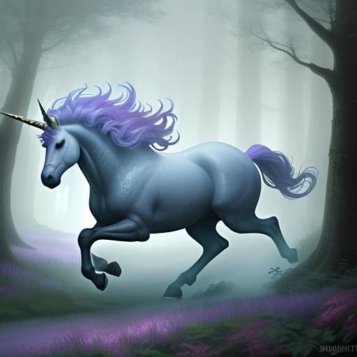 Ethereal Unicorn in Misty Woods, Fantasy Art