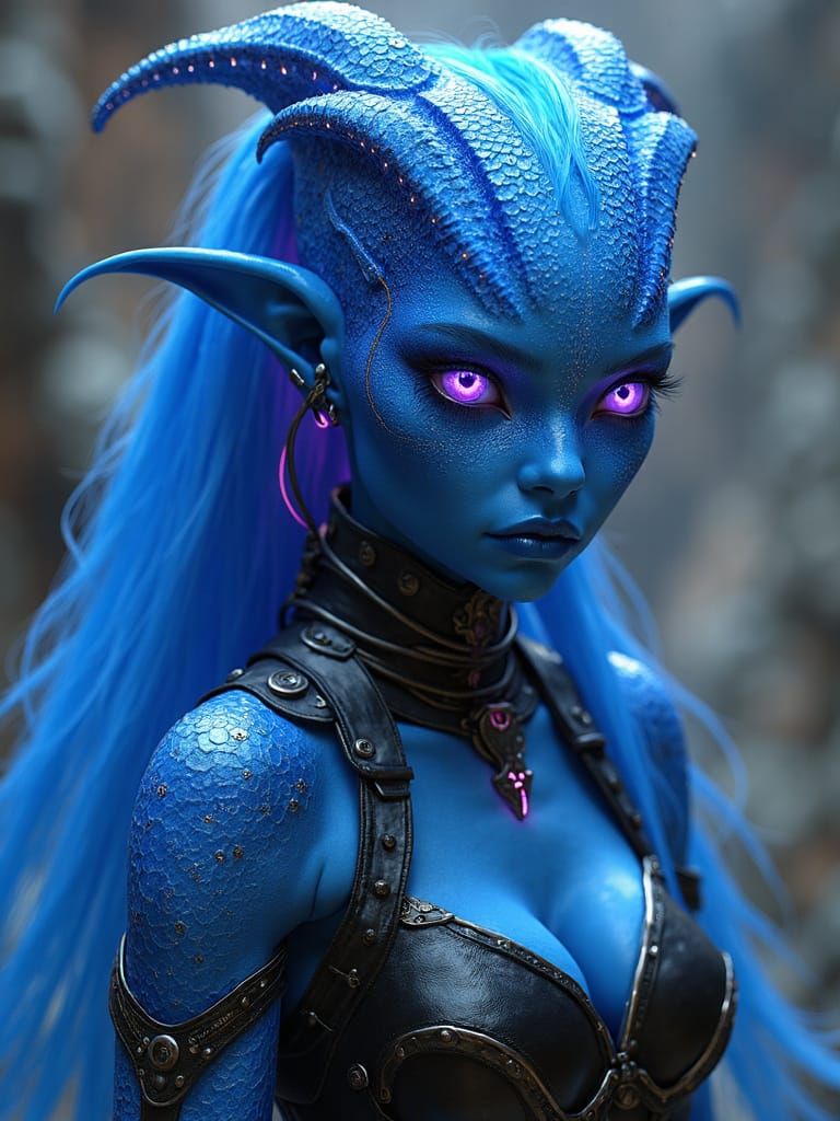 Stunning Blue Alien in Cyberpunk Armor