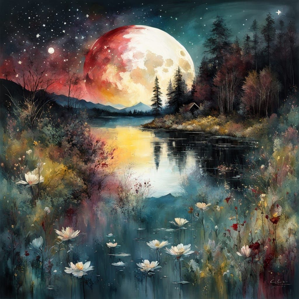 summer landscape at full moon and starry night