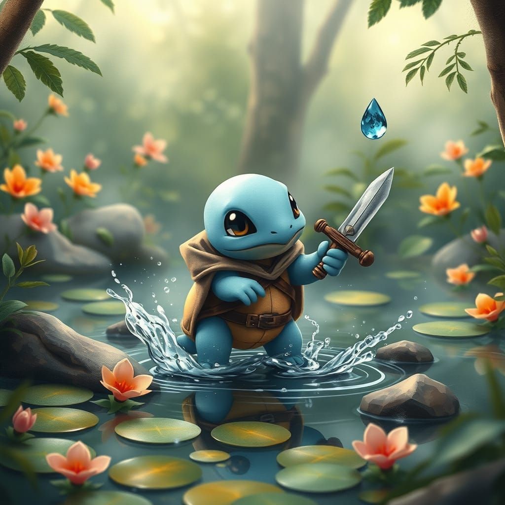 Squirtle Adventurer Duels Water Droplet in Misty Forest