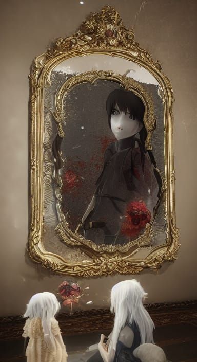 Eerie Girl with Teddy Bear in Dark Mirror, Chiaroscuro Style