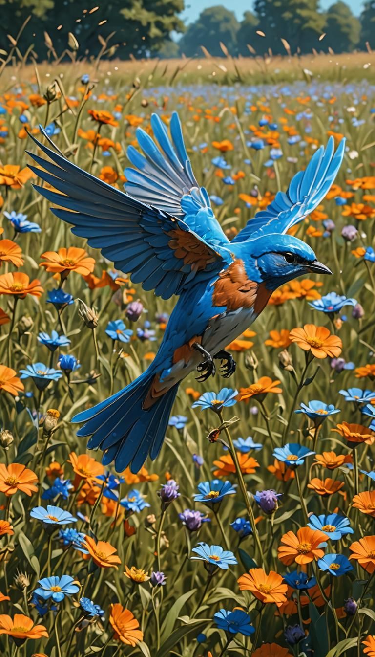 Bluebird Flying Over Wildflower Field: Art Nouveau Style