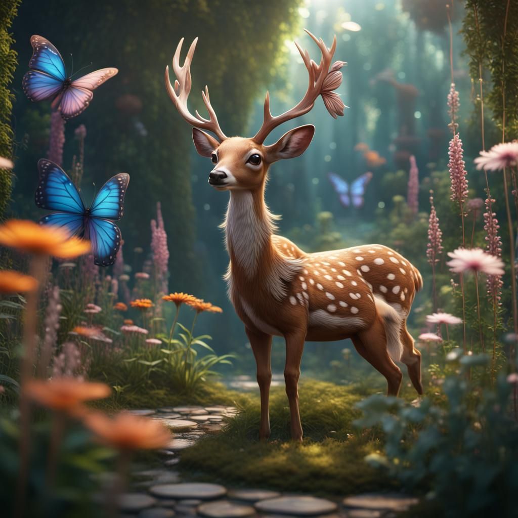 Deer in Butterfly Garden: Detailed Matte Painting
