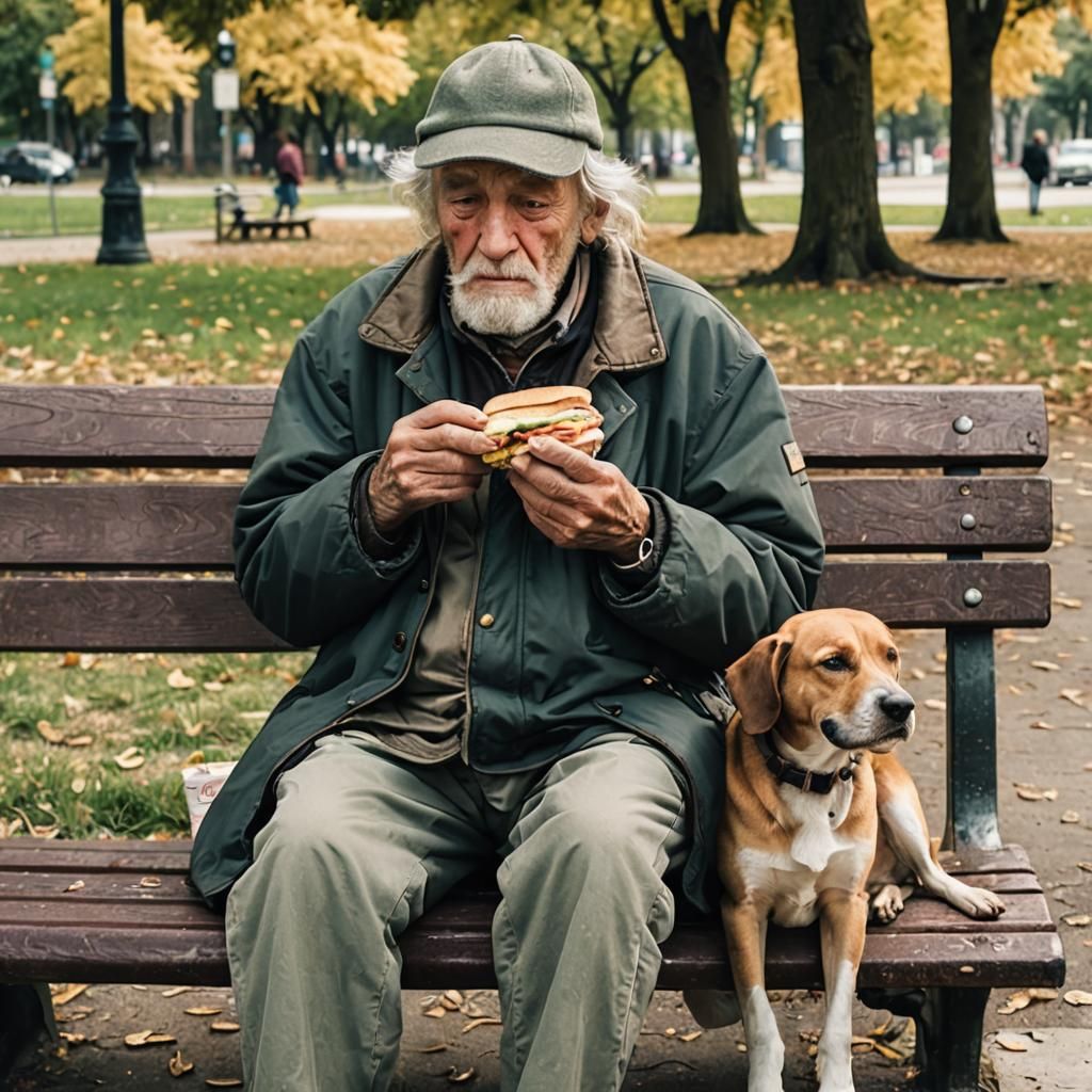 Homeless Man Sharing Meal with Dog