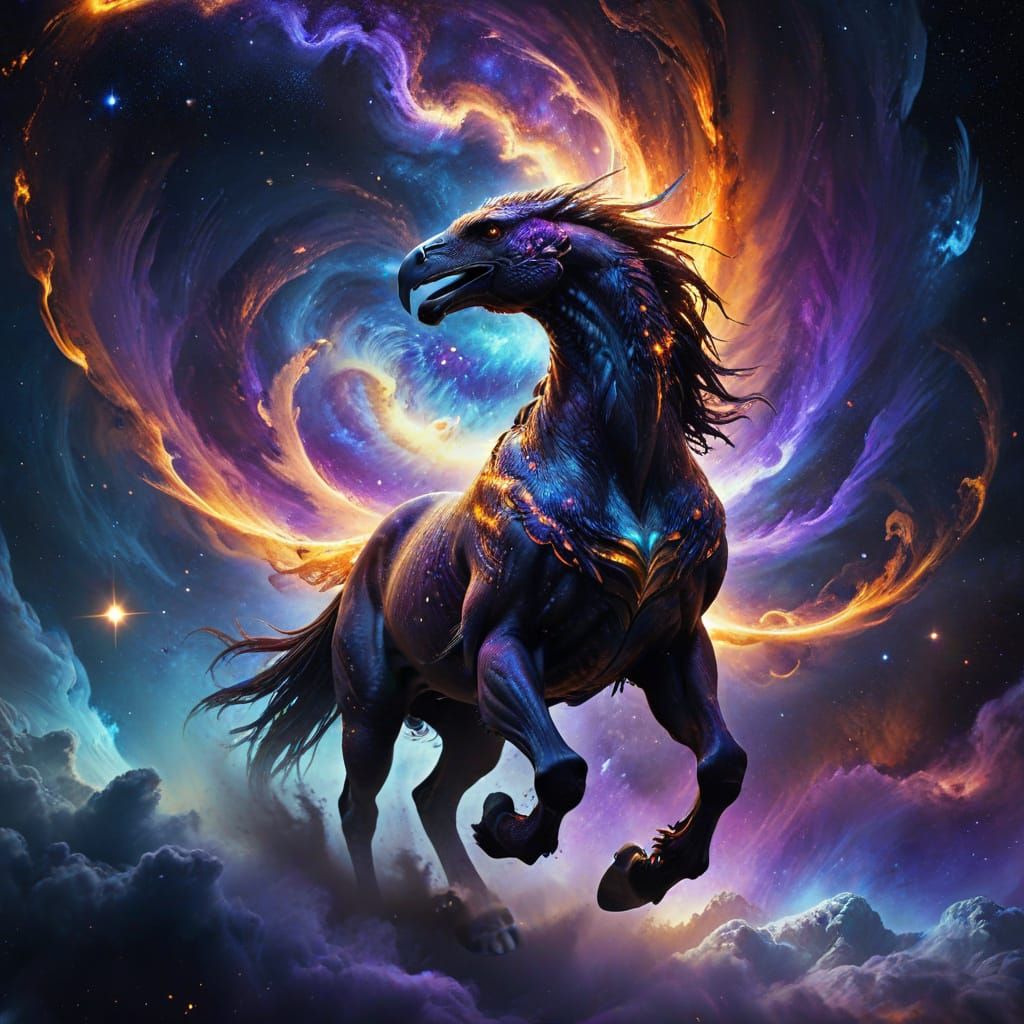 Cosmic Horse-Eagle Hybrid Soars Through Vibrant Nebula in Ci...